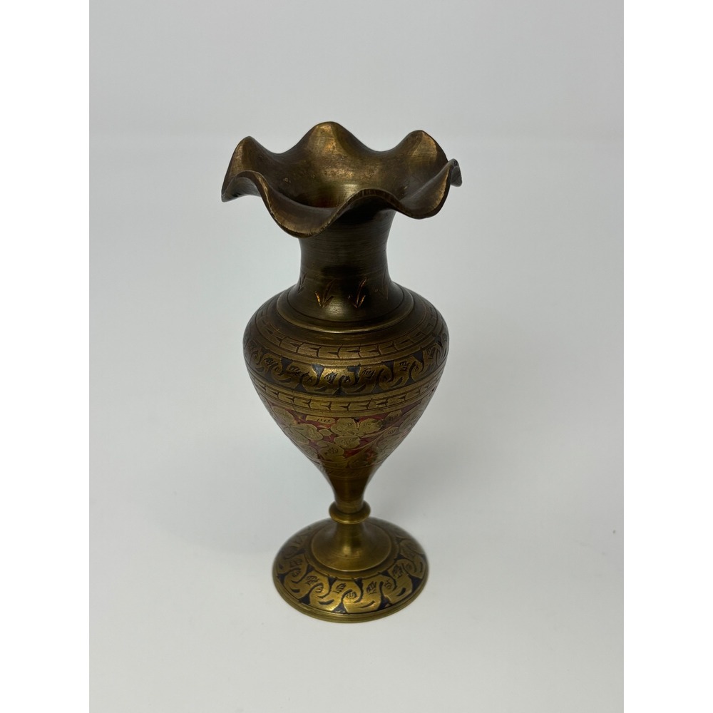 Vintage Brass Bud Vase Etched Floral Made in India Ruffled Rim Boho Decor 80584